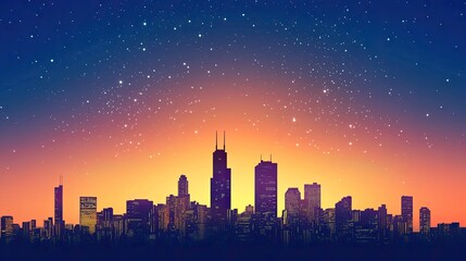 A bold skyline silhouette fading into a gradient sky, with glowing city lights.