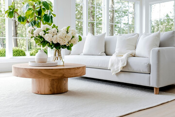 A living room with a white couch and a white rug