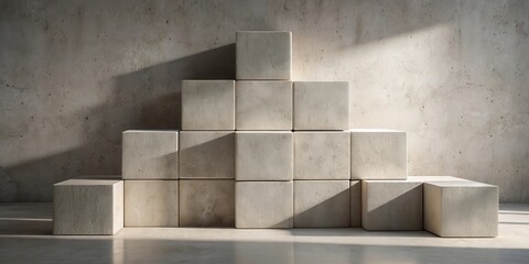 Stone Cubes Arranged in Pyramid Shape Against Concrete Wall