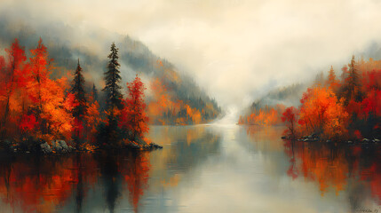 Fototapeta premium Autumn's Embrace: A breathtaking landscape painting captures a serene lake reflecting the vibrant hues of autumn, with mist-covered mountains in the background and a sense of tranquility.