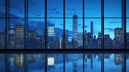 A business skyline silhouette with a sleek, high-tech, glass-like reflection.