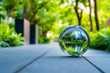 A glass ball sitting on top of a wooden table