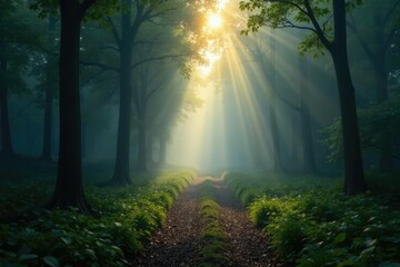 A misty forest path at dawn with soft white fog, misty, nature, gentle curves