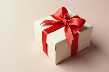Obraz premium A rectangular gift box covered in a thin layer of cream-colored paper and tied with a bright red ribbon, present box, red bow, paper gift
