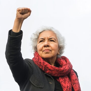 Powerful Senior Woman Raising Fist Strong Activist Protest Demonstration Elderly Female Empowerment Dignity Courage Determination Hispanic Ethnicity  