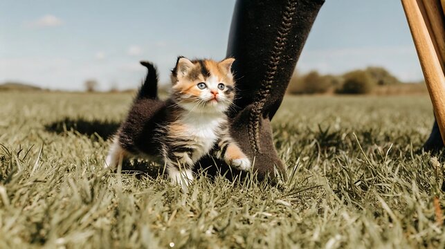 Cute calico kitten with blue eyes exploring outdoors on green grass