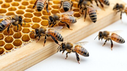 Close-up of bees on honeycomb, showcasing natural beekeeping and pollination in action.