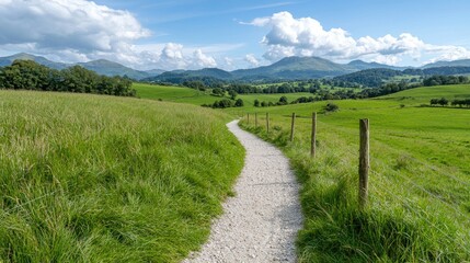 Winding path through green field, mountain backdrop, summer day, travel