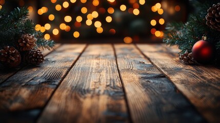 empty wood table with blur christmas tree with bokeh light background