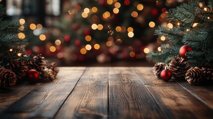 empty wood table with blur christmas tree with bokeh light background