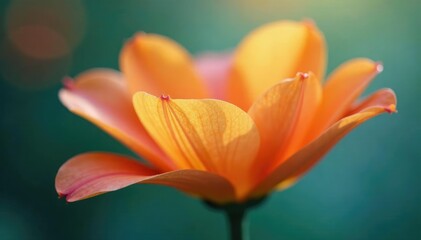 Fototapeta premium Delicate orange flower petals unfurl on a calm blue canvas, garden, soft focus, floral