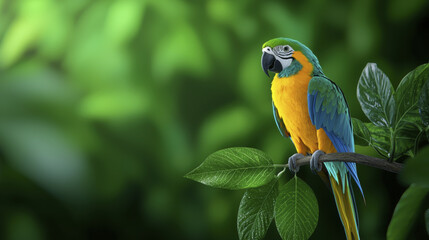 Vibrant parrot perched on branch surrounded by lush green leaves, showcasing its colorful feathers