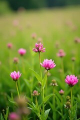 Obraz premium Delicate pink Calluna flowers dance in a sea of green grasses, lush foliage, wildflower fields