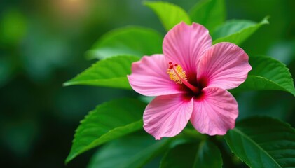 Delicate pink hibiscus blooms on a lush green leaf, flowers, floral, green leaves