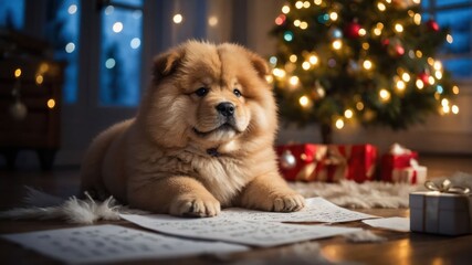 A cute chow chow puppy lying on the floor with Christmas decorations and gifts around.