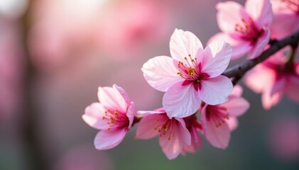 Delicate pink petals unfolding on cherry blossom branches, delicate, pink, bloom