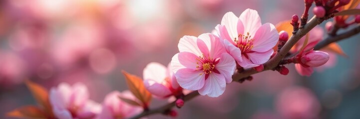 Delicate pink petals unfurl on a spring bloom tree branches softly, blooming tree, spring garden