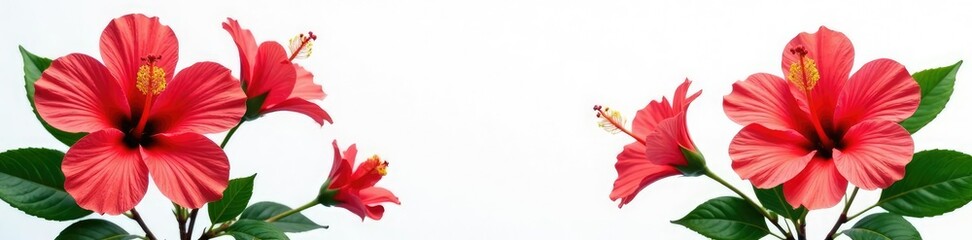 Delicate Red Hibiscus Flowers on White Background, nature, garden, tropical