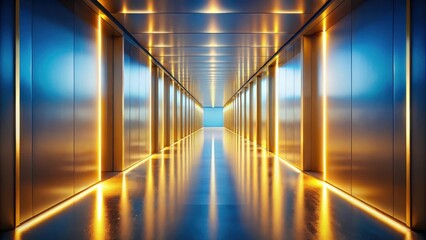 Illuminated Corridor with Metal Walls and Reflective Floor