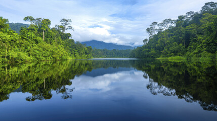 Fototapeta premium Lush green rainforest reflecting on calm water under blue sky