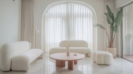 Fototapeta premium Minimalist Living Room Featuring White Furniture and Arch Window