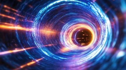 A dynamic light tunnel with swirling neon blue and purple streaks.