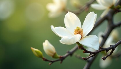 Delicate white petals unfurl on a large magnolia tree branch, magnolia, blossoms, branches