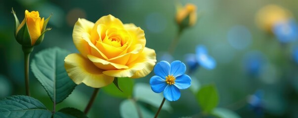 Obraz premium Delicate yellow roses intertwined with blue forget-me-nots, delicate, nature