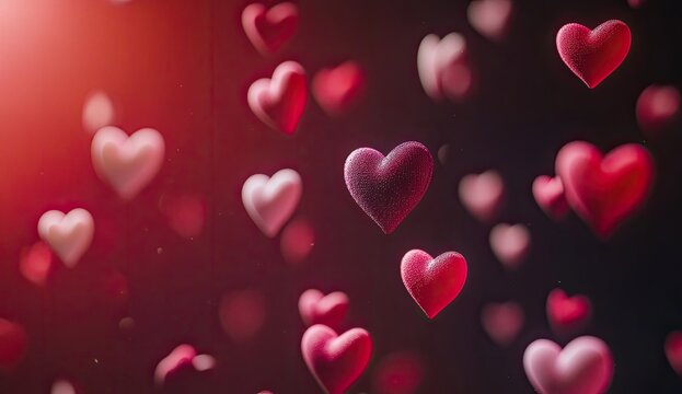 Red hearts falling, dark background, Valentine's, romantic