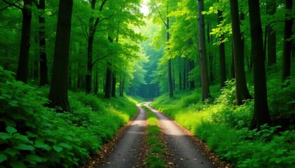 Obraz premium Dense foliage surrounds a winding forest road, trail, woods