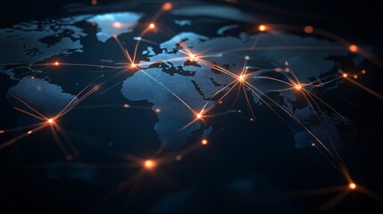 World map with glowing orange network connections, emphasizing global communication and technology.