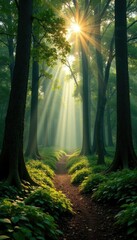 Dense forest of Karri trees with sunlight filtering through, landscape, peaceful