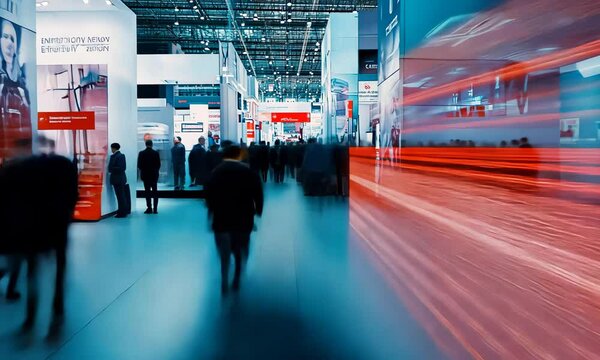 Trade Show Energy: Motion blur captures the vibrant energy of a bustling trade show floor, showcasing a multitude of attendees and exhibitors, creating a sense of movement and excitement.