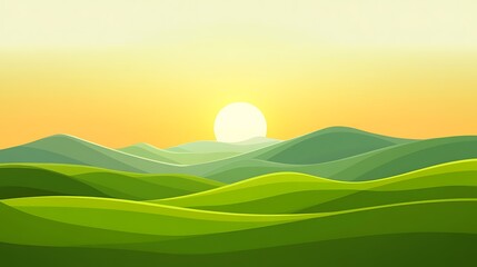 Sunset Over Rolling Green Hills And Mountains