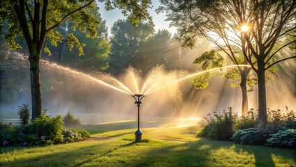 Serene Sunrise Mist Irrigation System in a Lush Green Park