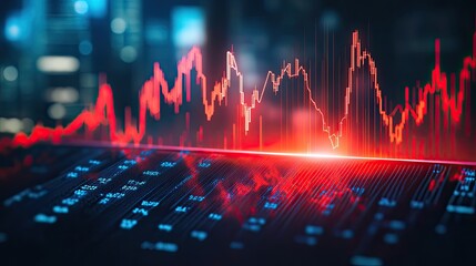 A futuristic economic crash graph with fragmented digital lines and a steep red decline, symbolizing stock failure.