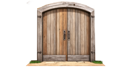 A classic wooden door, aged with time, featuring faded colors and visible wear, on a transparent background.