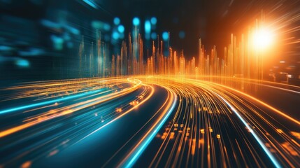 Obraz premium A futuristic line graph with light trails and dynamic motion, symbolizing market acceleration and business evolution.