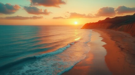 Fototapeta premium Golden Hour Coastal Serenity: Breathtaking Sunset Over Sandy Beach and Ocean Waves