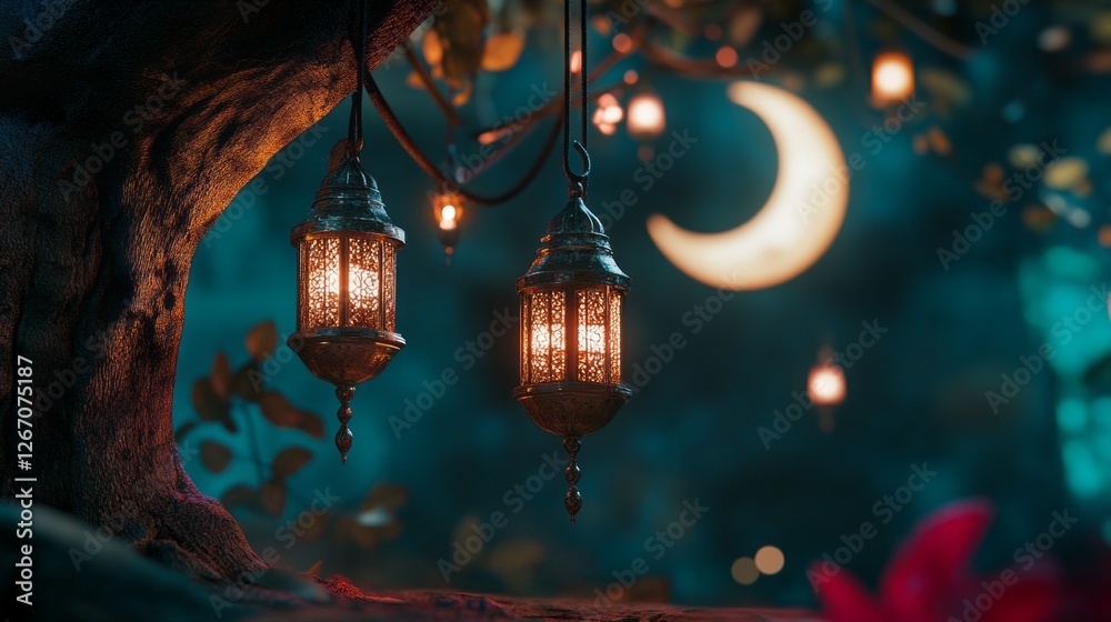 Poster glistening lanterns hang from a tree, casting a warm glow against the backdrop of a crescent moon. t