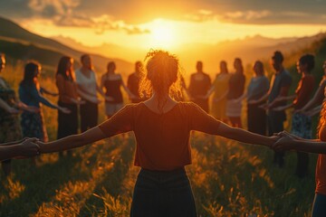 Community Members Gather in a Circle at Sunset for Connection and Reflection in a Serene Outdoor Setting