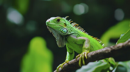 Obraz premium vibrant green iguana perched on branch, showcasing its unique features and scales in lush environment