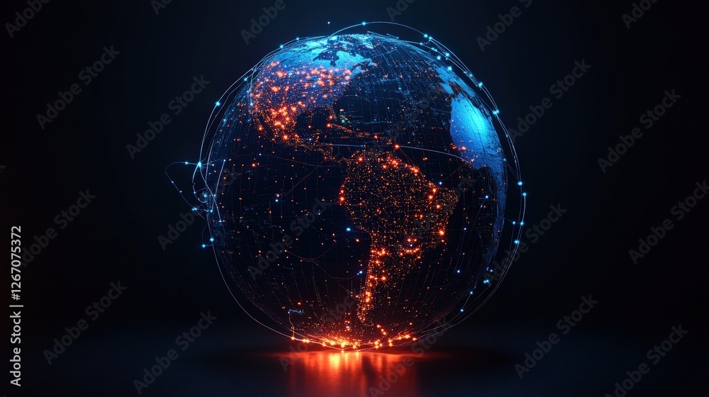 Aufkleber globe displaying world map with connected trade routes and digital elements representing global comm