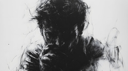 Whispers of Disquiet: A charcoal portrait captures a man consumed by contemplation, his face partially obscured, evoking introspection and the weight of unspoken thoughts.