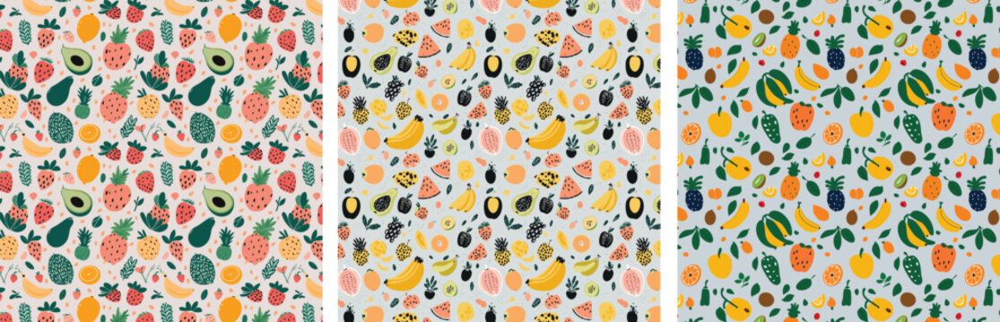 A seamless pattern design featuring various fruits such as oranges, apples, and bananas, arranged in vibrant colors on a white background. This playful and fresh fruit pattern is perfect for textiles,