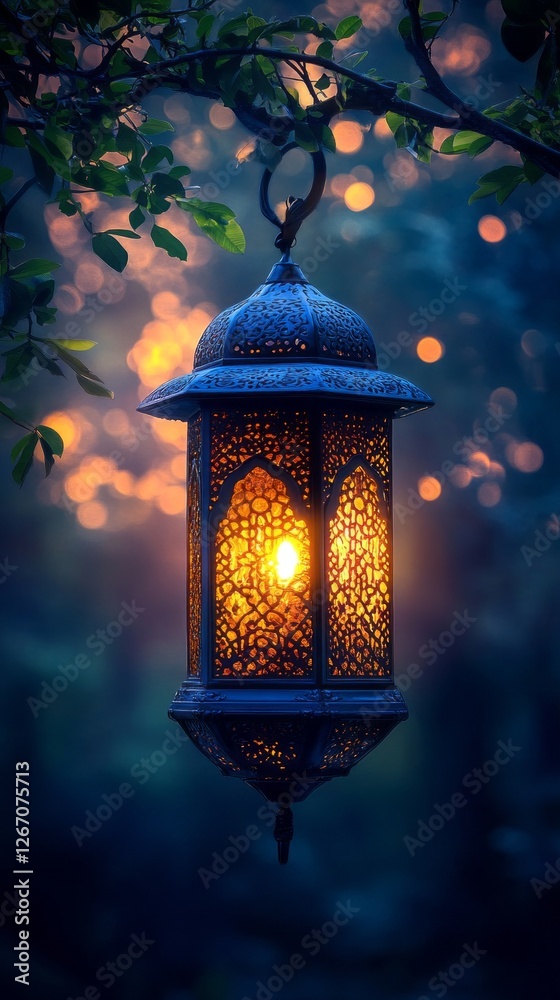 Poster a beautifully crafted lantern hangs from a branch, casting warm light into the evening. surrounding 
