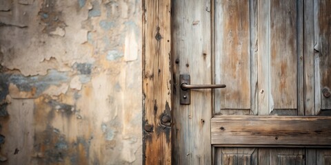 Rustic Weathered Wooden Door with Aged Metal Handle and Distressed Wall