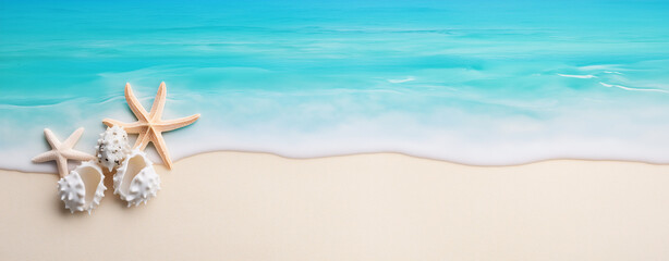 Obraz premium A pristine white sand against a backdrop of turquoise ocean waters and starfish various white and pale pink shells, including conch shells . The sky above is a clear, vibrant blue, tropical beach.