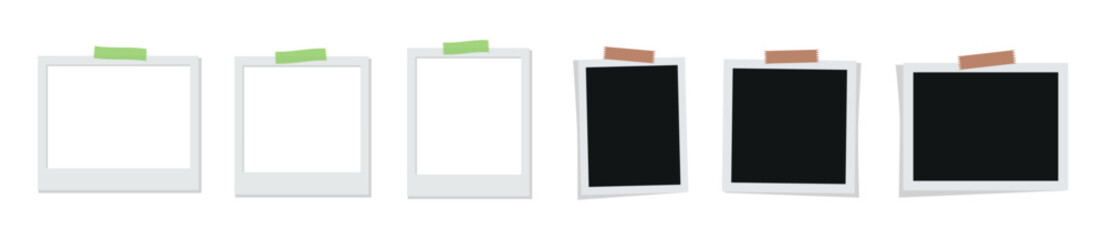 Polaroid photo frames collection. Vector illustrations set. Empty black photo frame mockups fixed with sticky tape