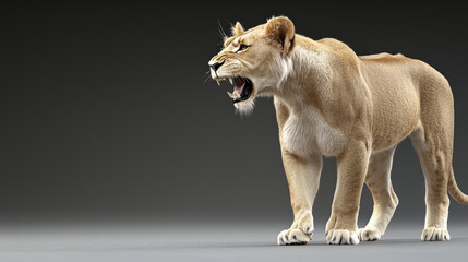 Obraz premium Fierce lioness roaring in dramatic pose, showcasing strength and power